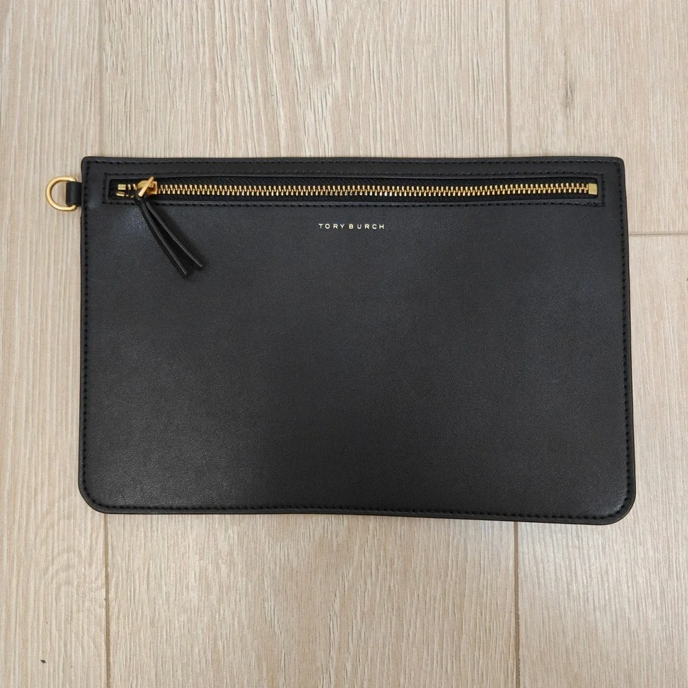 Tory Burch Womens Pouch Insert OS Black Leather Gold Zipper Minimalist Chic
